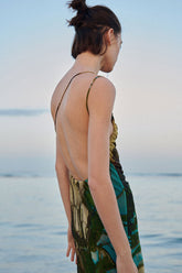 Robe mi-longue vintage à col carré et dos nu en maille froncée sans manches - Multicolore